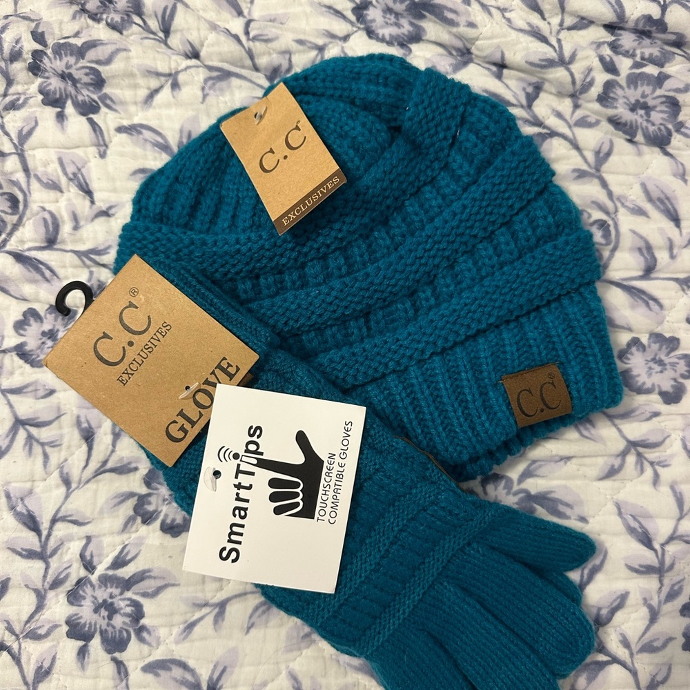 C.C Turquoise Knit Beanie and Glove Set